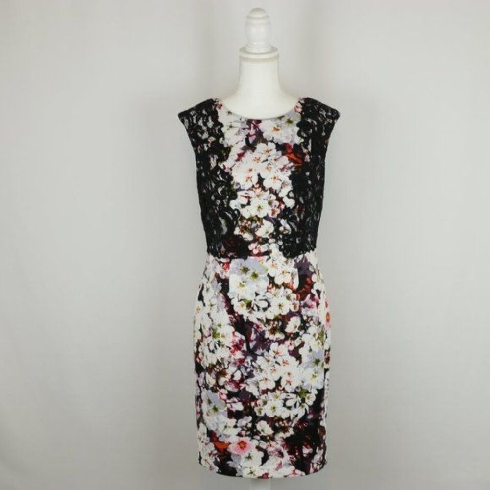Adrianna Papell Women's Size 6 Black Cream Floral Lace Overlay Sleeveless Dress